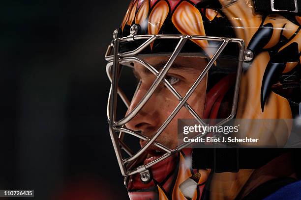 Goaltender Al Montoya of the New York Islanders warms up on the ice prior to the start of the game against the Florida Panthers at the BankAtlantic...