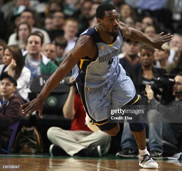 Tony Allen of the Memphis Grizzlies celebrates after he made a three point shot in the second half against the Boston Celtics on March 23, 2011 at...