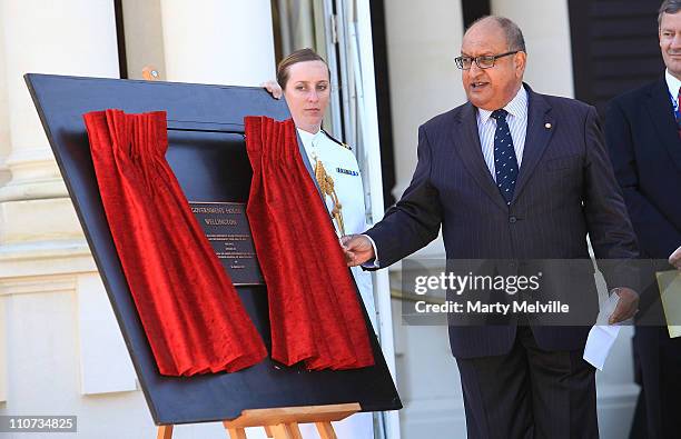 Governor General of New Zealand Anand Satyanand unveils a plaque during the opening of Government House after a two year rebuild on March 24, 2011 in...