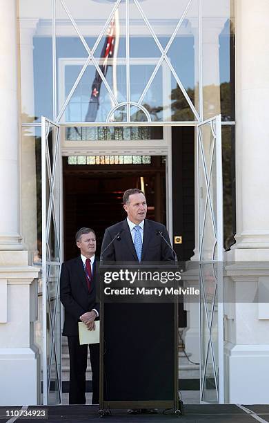 Prime Minister of New Zealand John Key speaks during the opening of Government House after a two year rebuild on March 24, 2011 in Wellington, New...