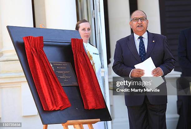 Governor General of New Zealand Anand Satyanand unveils a plaque during the opening of Government House after a two year rebuild on March 24, 2011 in...