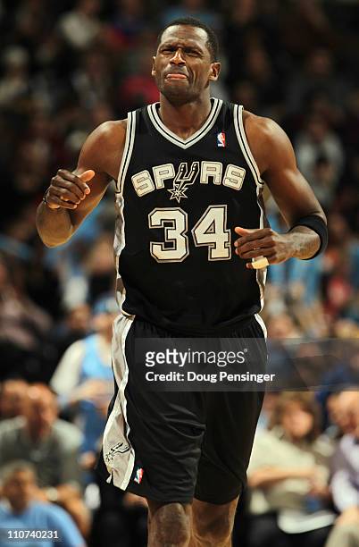 Antonio McDyess of the San Antonio Spurs reacts after being called for a foul against the Denver Nuggets at the Pepsi Center on March 23, 2011 in...