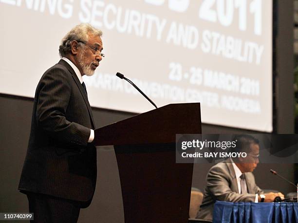 East Timorese Prime Minister and Defence Minister Xanana Gusmao delivers a speech during the three-day Jakarta International Defence Dialogue on...