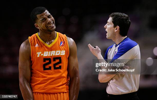 Josh Bostic of the New Mexico Thunderbirds reacts after a foul was called against him by official Ben Taylor during the game against the Bakersfield...