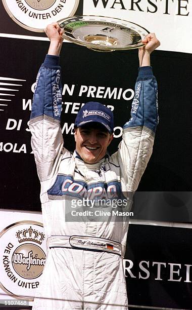 Ralf Schumacher of Williams and Germany celebrates his long-awaited maiden F1 victory at the Formula One San Marino Grand Prix at Imola, Italy....