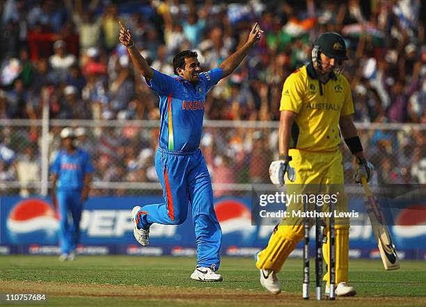 Zaheer Khan of India celebrates the wicket Cameron White of Australia, after he caught and bowled him during the 2011 ICC World Cup Quarter Final...