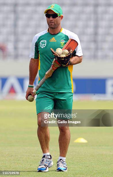 Conditioning specialist Rob Walter looks on during a South Africa nets session at SBNCS Stadium on March 24, 2011 in Dhaka, Bangladesh.
