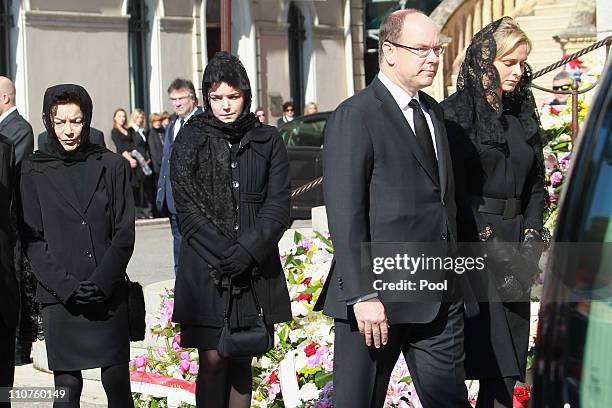 Elisabeth-Anne de Massy , Melanie-Antoinette de Massy , Prince Albert II of Monaco and Charlene Wittstock attend the funeral of Princess...