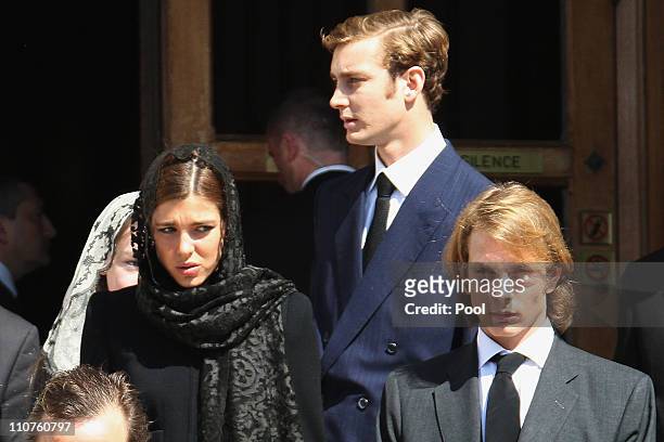 Princess Alexandra of Hanover , Pierre Casiraghi Charlotte Casiraghi and Andrea Casiraghi attend the funeral of Princess Melanie-Antoinette at...
