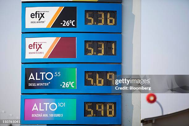 Fuel prices are displayed outside a Rompetrol gas station in Bucharest, Romania, on Thursday, March 24, 2011. Romania is unlikely to accept an offer...