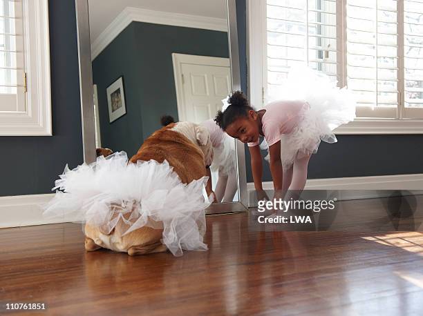 girl in tutu showing stretches to bulldog - funny black girl fotografías e imágenes de stock