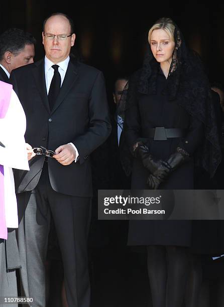 Prince Albert II of Monaco and Charlene Wittstock attend Princess Melanie-Antoinette Funeral at Cathedrale Notre-Dame-Immaculee de Monaco on March...