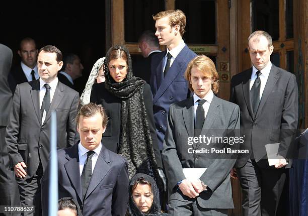 Charlotte Casiraghi, Pierre Casiraghi and Andrea Casiraghi attend Princess Melanie-Antoinette Funeral at Cathedrale Notre-Dame-Immaculee de Monaco on...