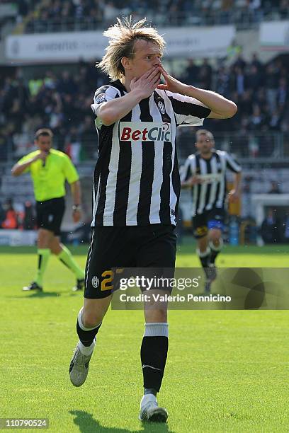 Milos Krasic of Juventus FC celebrates scoring the opening goal during the Serie A match between Juventus FC and Brescia Calcio at Olimpico Stadium...