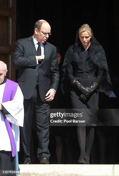Prince Albert II of Monaco and Charlene Wittstock attend Princess Melanie-Antoinette Funeral at Cathedrale Notre-Dame-Immaculee de Monaco on March...