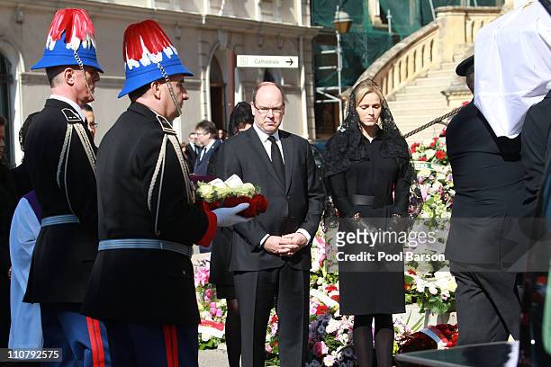 Prince Albert II of Monaco and Charlene Wittstock attend Princess Melanie-Antoinette Funeral at Cathedrale Notre-Dame-Immaculee de Monaco on March...