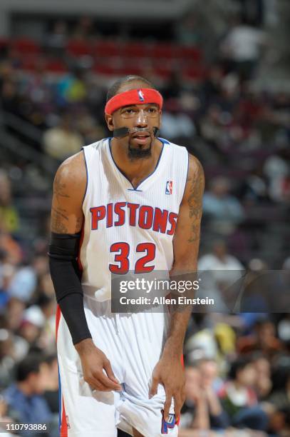 Detroit Pistons shooting guard Richard Hamilton looks on during a game against the Miami Heat on March 23, 2011 at The Palace of Auburn Hills in...