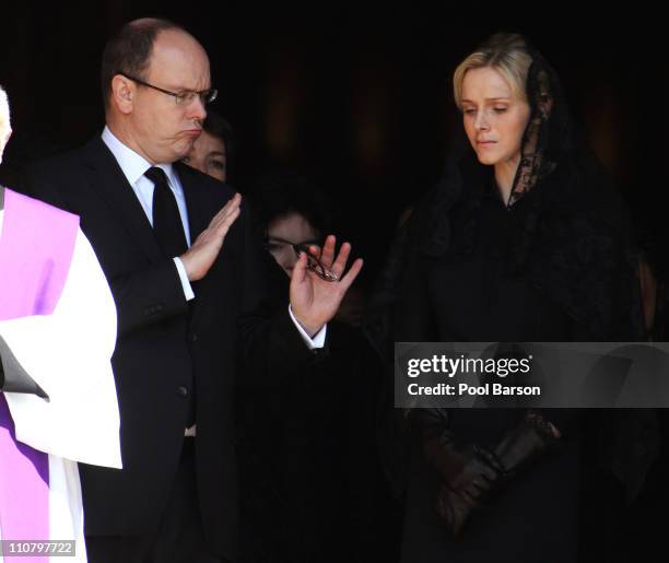 Prince Albert II of Monaco and Charlene Wittstock attend Princess Melanie-Antoinette Funerals at Cathedrale Notre-Dame-Immaculee de Monaco on March...