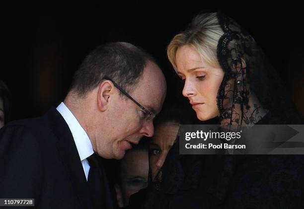 Prince Albert II of Monaco and Charlene Wittstock attend Princess Melanie-Antoinette Funerals at Cathedrale Notre-Dame-Immaculee de Monaco on March...