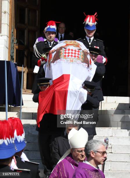 Prince Albert II of Monaco and Charlene Wittstock attend Princess Melanie-Antoinette Funerals at Cathedrale Notre-Dame-Immaculee de Monaco on March...