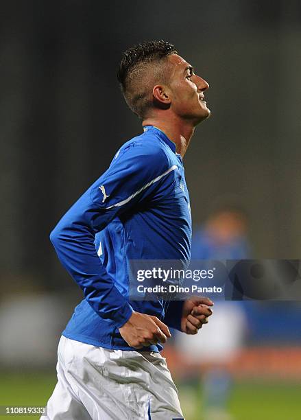 Federico Macheda of Italy U21 celebrates after scoring a goal during the international friendly match between Italy U21 and Sweden U21 at Stadio...