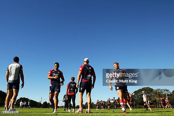 Players perform warm up drills during a Sydney Roosters NRL training session at Moore Park on March 25, 2011 in Sydney, Australia.