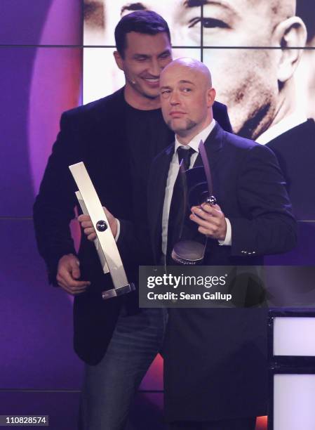 Bernd Heinrich Graf of the German band "Unheilig" accepts his Band Alternative/Rock Award at the Echo Awards 2011 at Palais am Funkturm on March 24,...