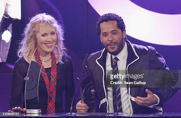 German singers Annette Humpe and Adel Tawil of the band "Ich + Ich" speak after receiving their Best Band National Award at the Echo Awards 2011 at...