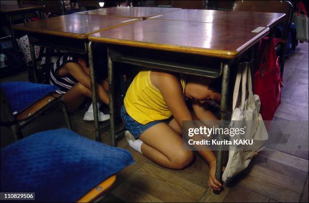 Anti-Seismic Alert Exercise In Japan On September 01, 1989 - Disaster drill day at Senkawa elementary school.