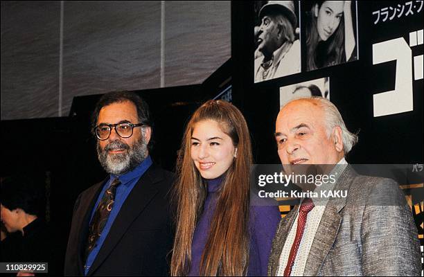 Coppola'S Family Press Conference In Tokyo, Japan On February 12, 1991 - Francis Ford Coppola, his daughter Sofia, his father Carmine.