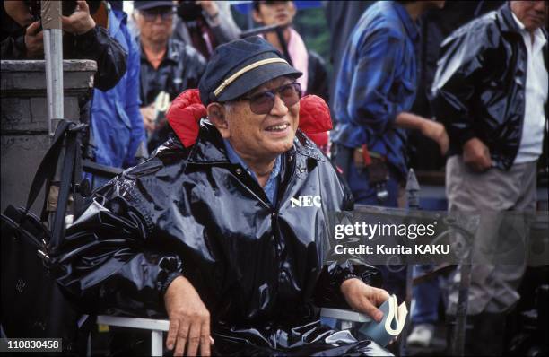 Akira Kurozawa On Filming Of "Madamayo" In Japan On June 15, 1992 - Directing with his cap from 'Derzu Uzala'.