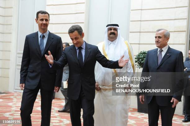 Lebanese President Michel Sleiman, Qatari Emir Hamad Bin Khalifa Al Thani, French President Nicolas Sarkozy And Syrian President Bashar Al-Assad...