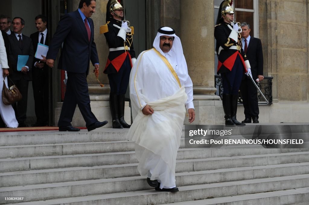 Lebanese President Michel Sleiman, Qatari Emir Hamad Bin Khalifa Al Thani, French President Nicolas Sarkozy And Syrian President Bashar Al-Assad Attend A Press Conference At The Elysee Palace On The Eve Of Paris, In Paris, France On July 12, 2008. 