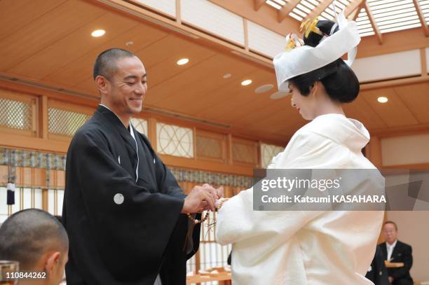 Ebizo Ichikawa And Mao Kobayashi Wedding In Tokyo, Japan On July 29, 2010 - Kabuki actor, Ebizo Ichikawa and Mao Kobayashi held their Buddhist-style...