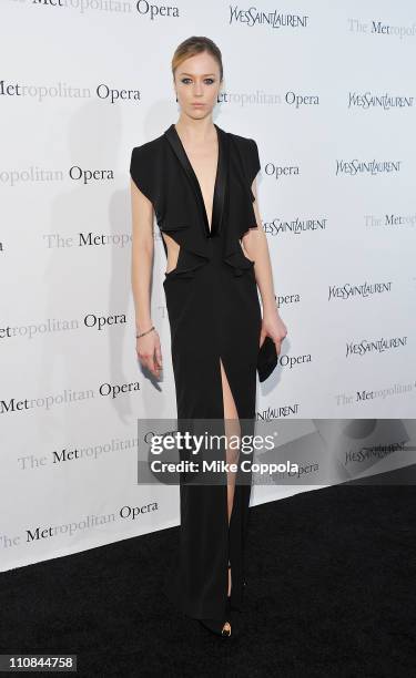 Model Raquel Zimmermann attends the Metropolitan Opera's gala premiere of Rossini's "Le Comte Ory" at The Metropolitan Opera House on March 24, 2011...