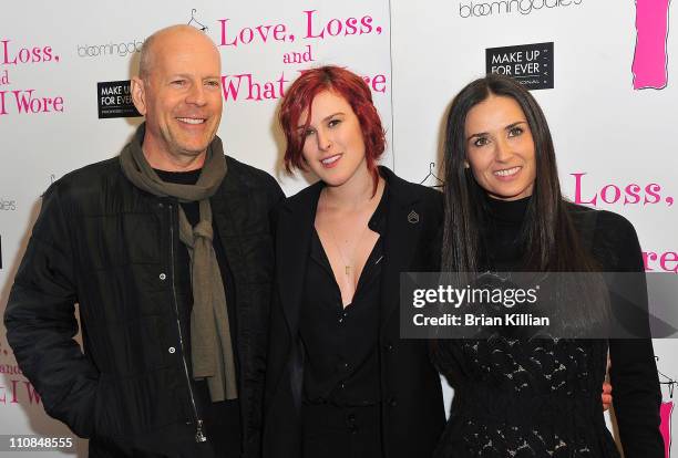 Bruce Willis, Rumer Willis and Demi Moore attend "Love, Loss & What I Wore" new cast member celebration at B Smith's Restaurant on March 24, 2011 in...