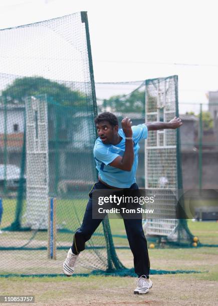 Muttiah Muralitharan of Sri Lanka bowls during a Sri Lanka nets session at the R Premedasa Stadium on March 25, 2011 in Colombo, Sri Lanka.