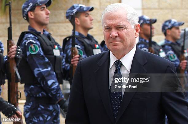 Defense Secretary Robert Gates arrives for his meeting with Palestinian Prime Minister Salam Fayyad on March 25, 2011 in Ramallah, West Bank. As part...