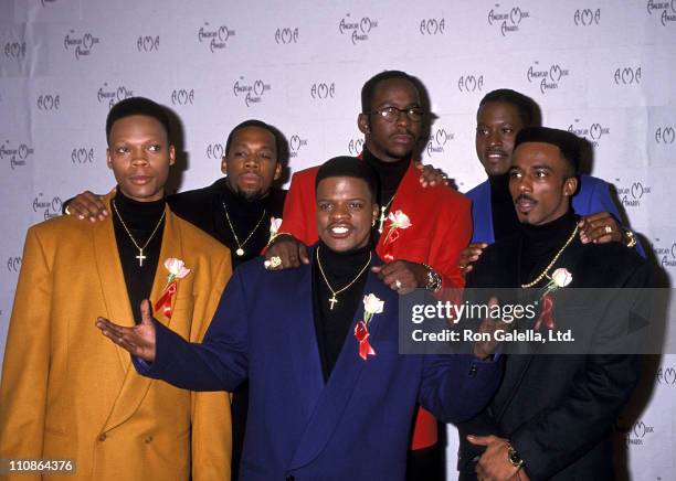 Singer Ronnie DeVoe, singer Michael Bivins, singer Ricky Bell, singer Bobby Brown, singer Johnny Gill and singer Ralph Tresvant of New Edition the...