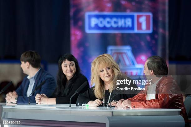 Russian singer Alla Pugacheva talks with a fellow judge during a casting session for "the Factor A" a new musical television show on March 22, 2011...