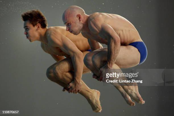 Tom Daley and Waterfield Peter of Great Britain compete in the Men's 10m Platform Synchro Final during the FINA Diving World Series at the Beijing...
