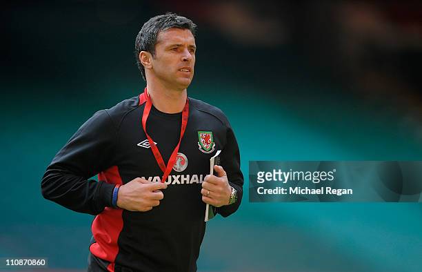 Wales manager Gary Speed looks on during the Wales training session ahead of their UEFA EURO 2012 qualifier against England on March 25, 2011 in...