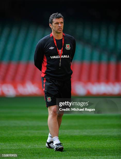 Wales manager Gary Speed looks on during the Wales training session ahead of their UEFA EURO 2012 qualifier against England on March 25, 2011 in...