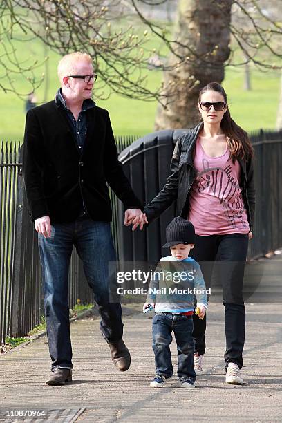 Chris Evans with wife Natasha Shishmanian a Son Noah are sighted in Primrose Hill on March 25, 2011 in London, England.