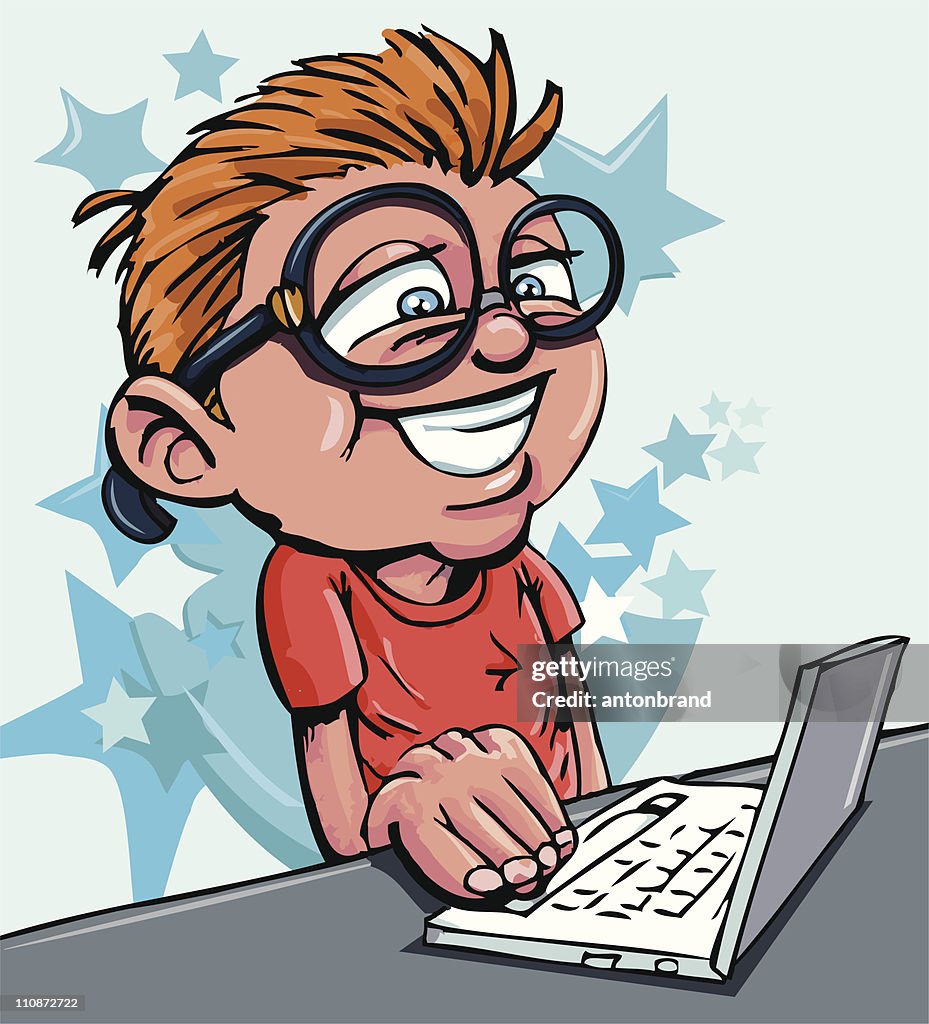 Cartoon Computer Nerd Math Nerdy Cartoon Boy Using A Laptop High-Res Vector Graphic - Getty Images