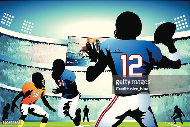 bildbanksillustrationer, clip art samt tecknat material och ikoner med quarterback setting up a pass - american football on screen