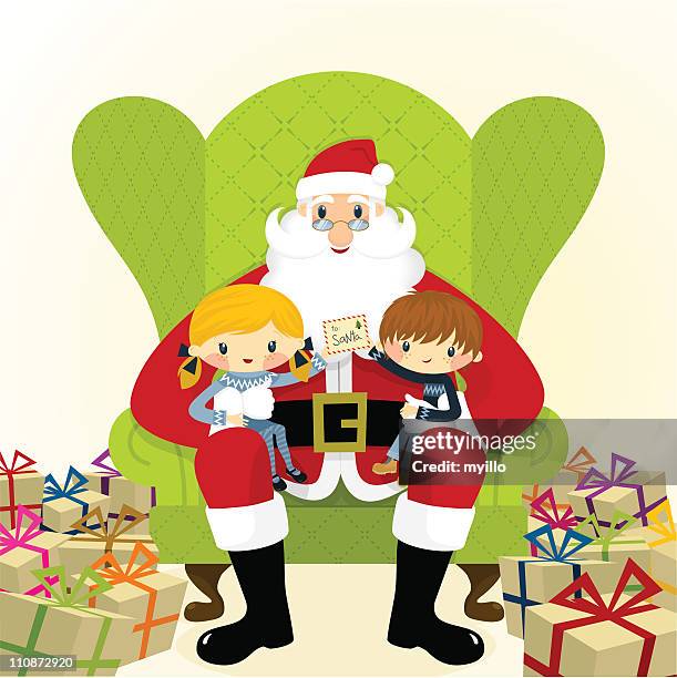 illustrations, cliparts, dessins animés et icônes de père noël avec les enfants et cadeaux de noël et cadeaux - portrait famille cool