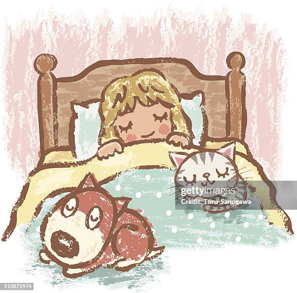 sleeping girl with dog and cat - dog lying on back stock illustrations