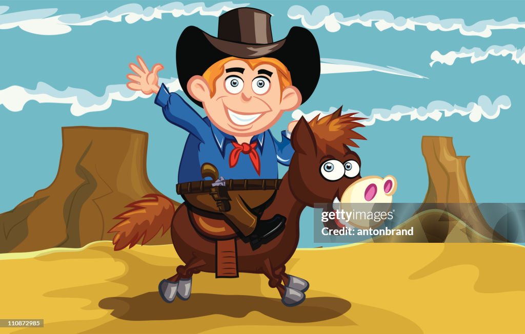 Cartoon cowboy riding a horse in the desert