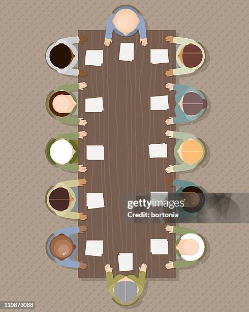 stockillustraties, clipart, cartoons en iconen met board meeting: overhead view - staff meeting